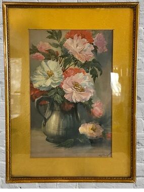 ANTIQUE FRAMED W.E. Powell Peonies Art Deco Floral Color Lithograph 19x13.5
